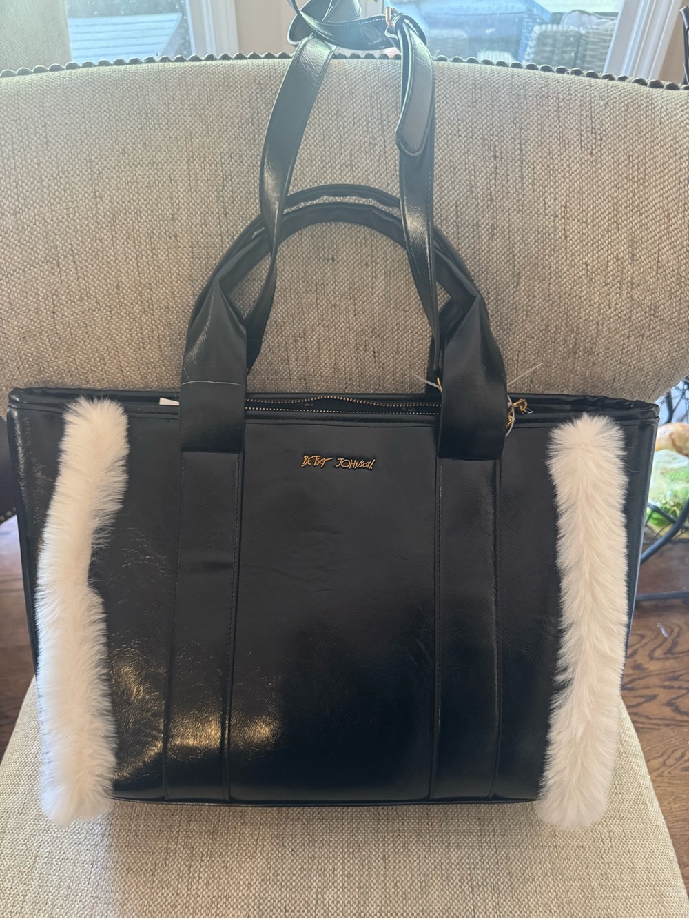 Betsey Johnson Black Tote with White Faux Fur Trim